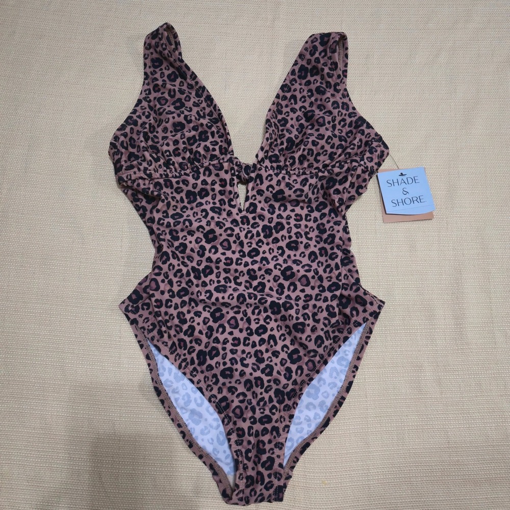 Shade & Shore Womens Leopard Print V-Neck Tie Back One Piece Swimsuit Brown XS